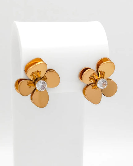 18K Gold Plated 3D Floral CZ Stud Earrings