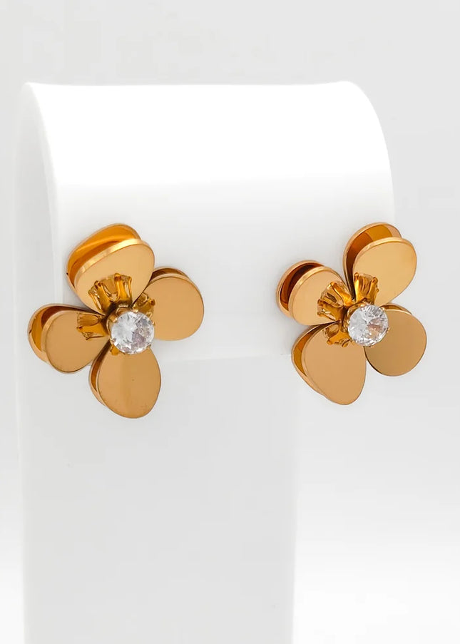 18K Gold Plated 3D Floral CZ Stud Earrings