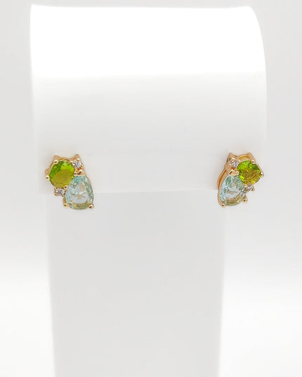Gold Plated Green and Blue Crystal Cluster Stud Earrings
