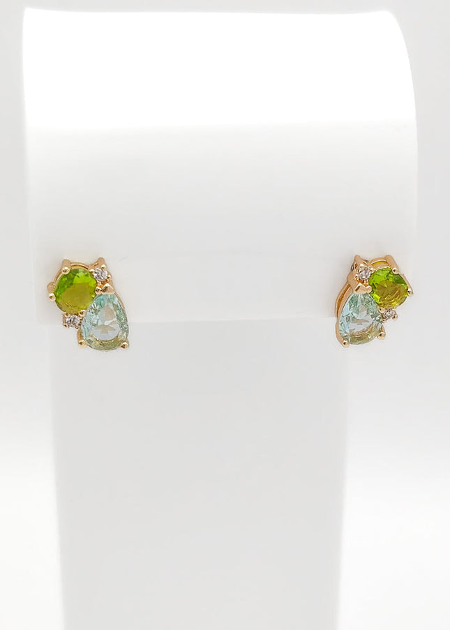 Gold Plated Green and Blue Crystal Cluster Stud Earrings
