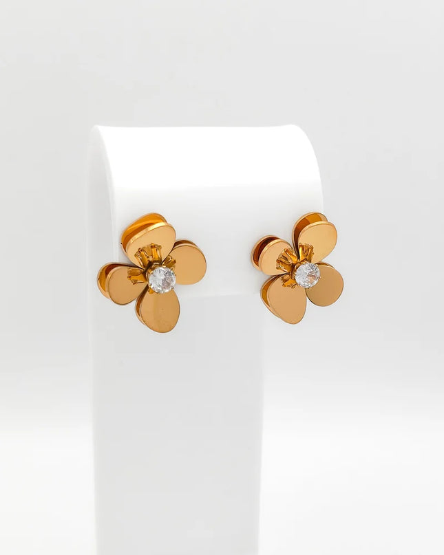 18K Gold Plated 3D Floral CZ Stud Earrings