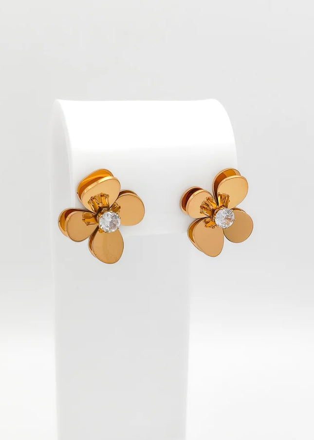 18K Gold Plated 3D Floral CZ Stud Earrings