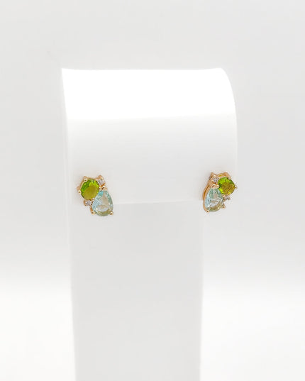 Gold Plated Green and Blue Crystal Cluster Stud Earrings