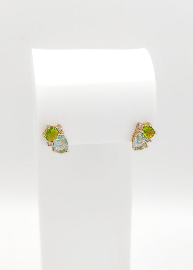 Gold Plated Green and Blue Crystal Cluster Stud Earrings