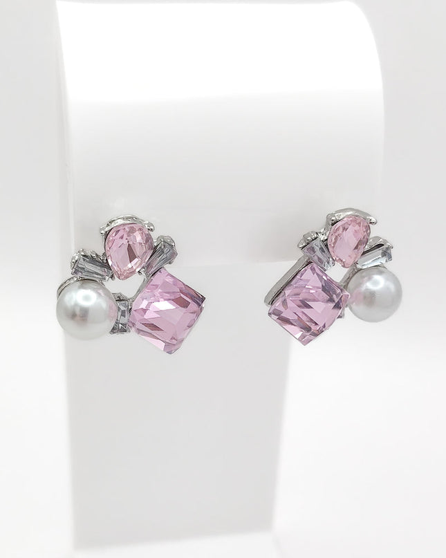 Silver Plated Pink Cube Crystal and Pearl Cluster Stud Earrings