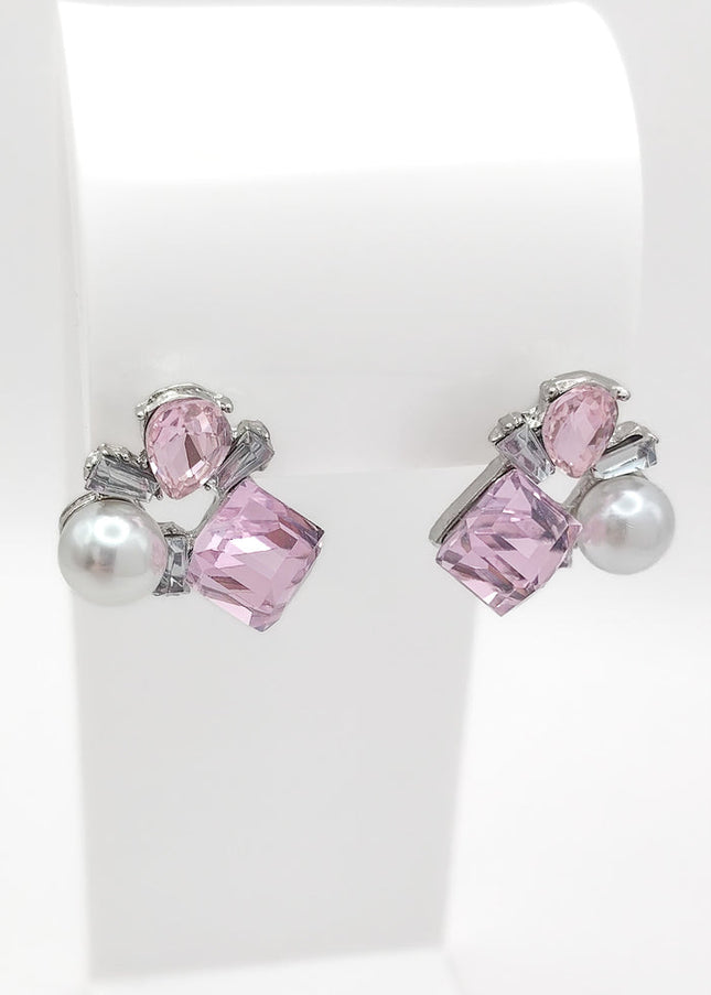 Silver Plated Pink Cube Crystal and Pearl Cluster Stud Earrings