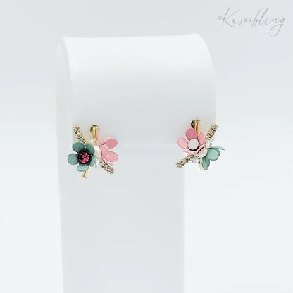 Gold Plated Pastel Floral Stud Earrings