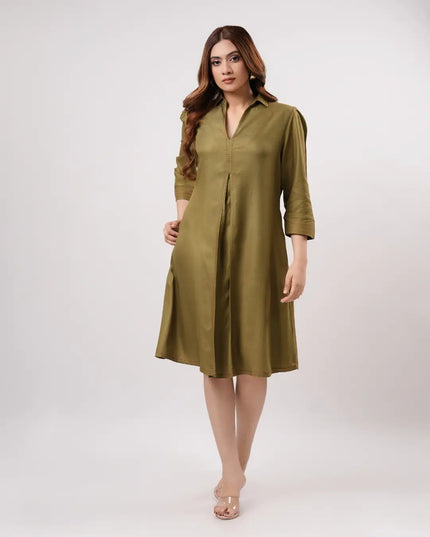 Olive Pleated Dress