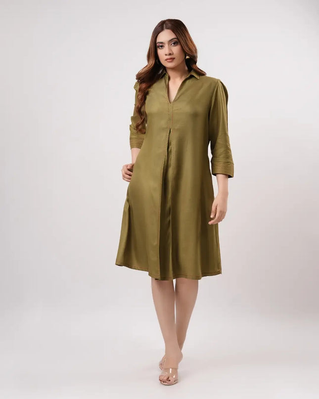 Olive Pleated Dress