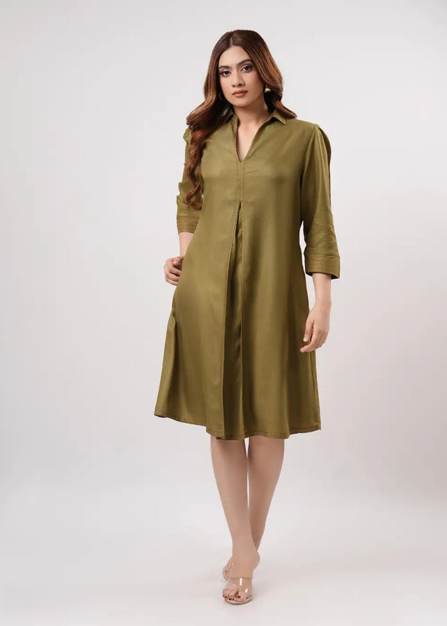 Olive Pleated Dress