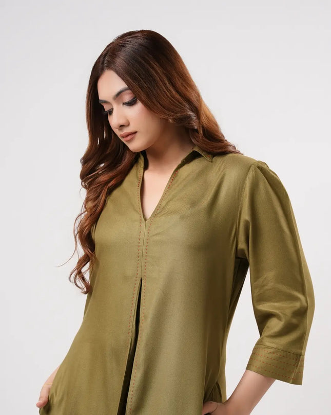 Olive Pleated Dress