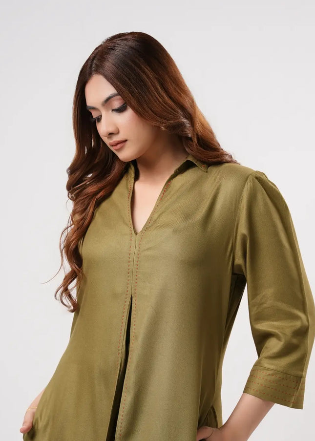 Olive Pleated Dress
