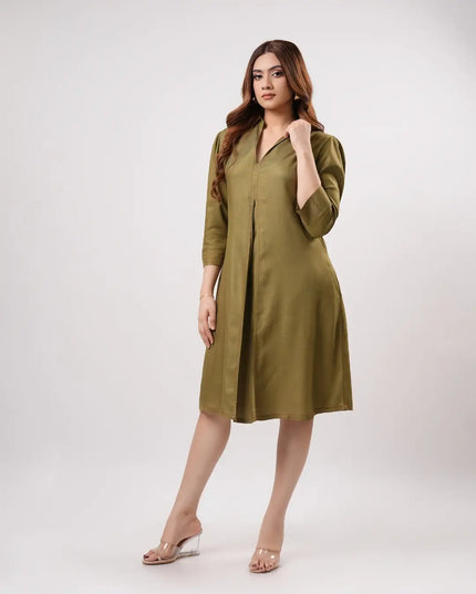 Olive Pleated Dress