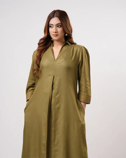 Olive Pleated Dress