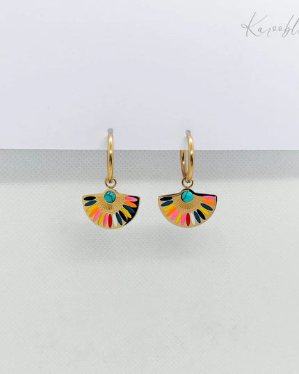 Gold Plated Turquoise Fan Dangle Huggie Earrings 18K