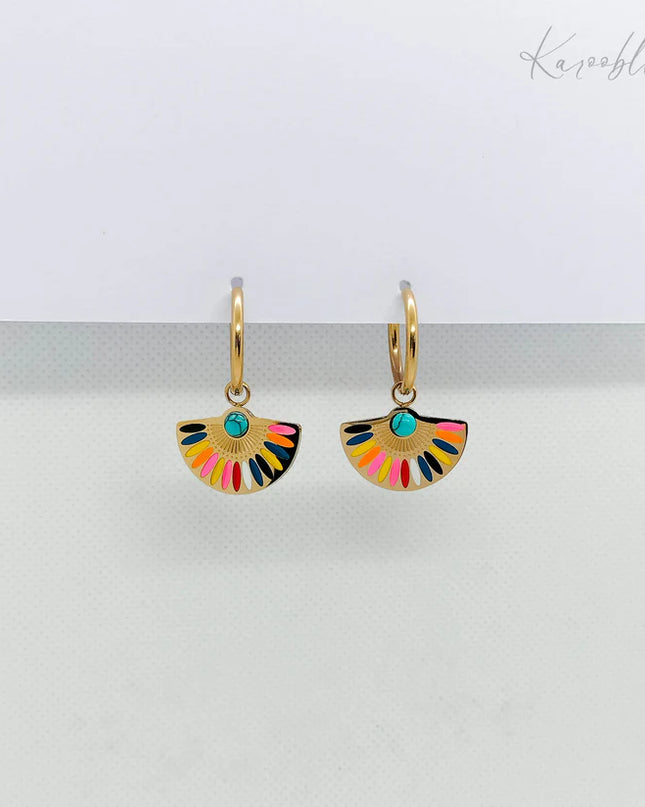 Gold Plated Turquoise Fan Dangle Huggie Earrings 18K