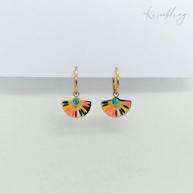 Gold Plated Turquoise Fan Dangle Huggie Earrings 18K