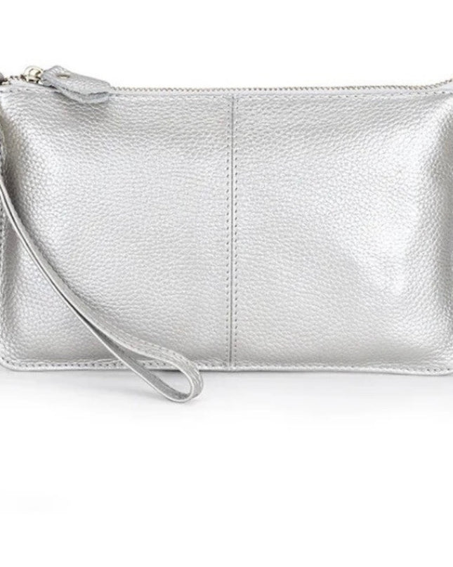 Genuine Leather Silver Clutch
