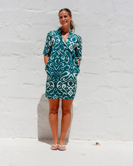 Maia Teal Ikat Dress