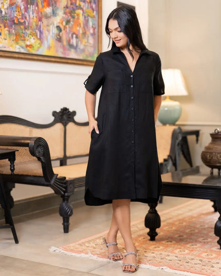 Linen Swing Dress - Black