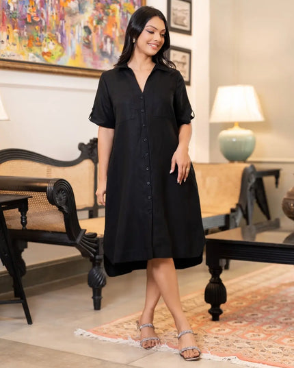 Linen Swing Dress - Black