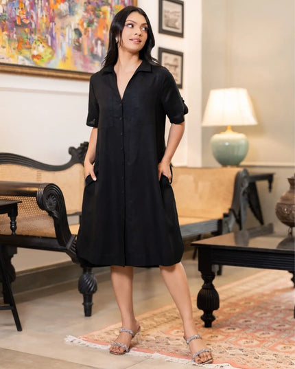 Linen Swing Dress - Black