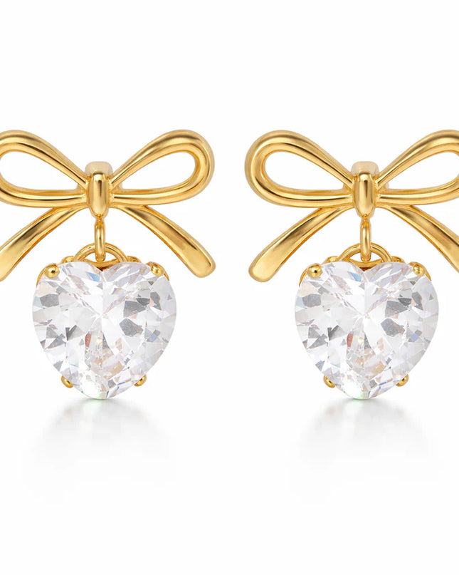 Gold Plated Bow Heart Rhinestone Drop Earrings