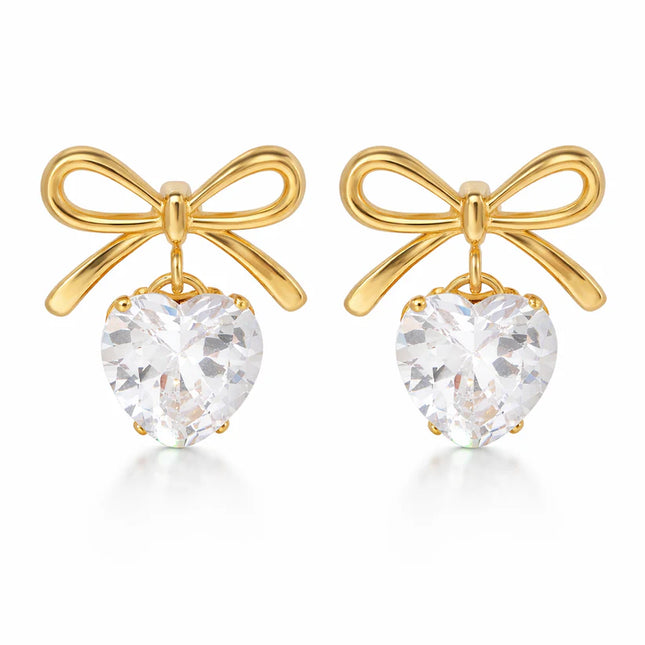 Gold Plated Bow Heart Rhinestone Drop Earrings