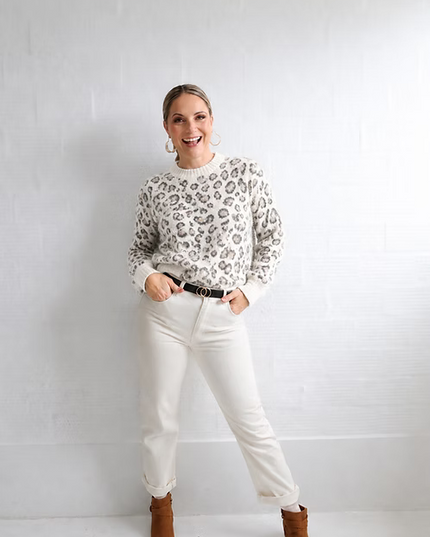 Fluffy White Leopard Print Knit