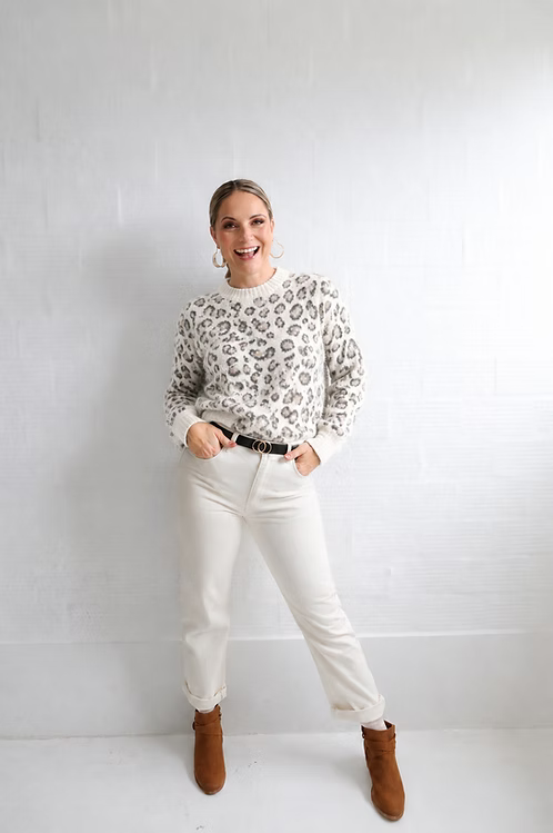 Fluffy White Leopard Print Knit