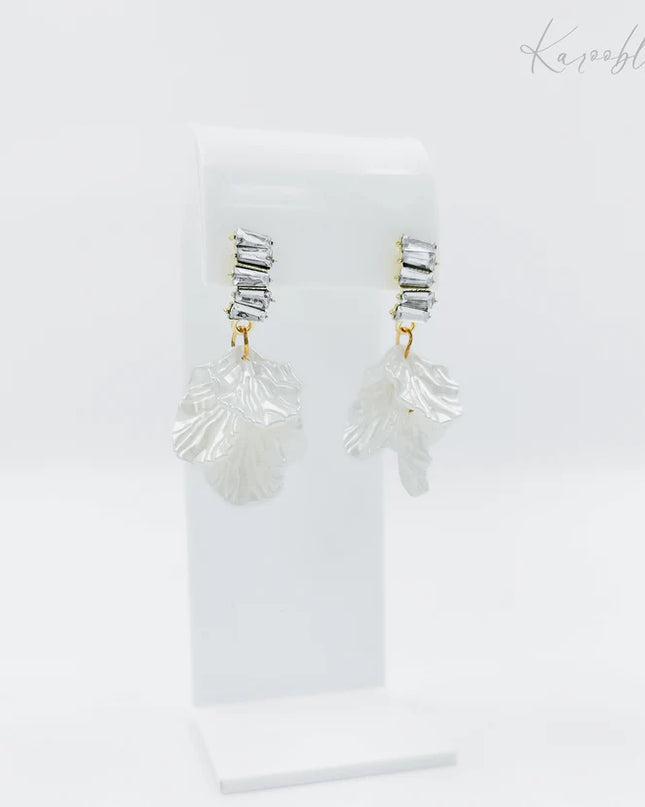 Gold Plated Ivory Petal Diamante Drop Earrings