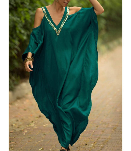 V-Neck Summer Kaftan-Emerald Green